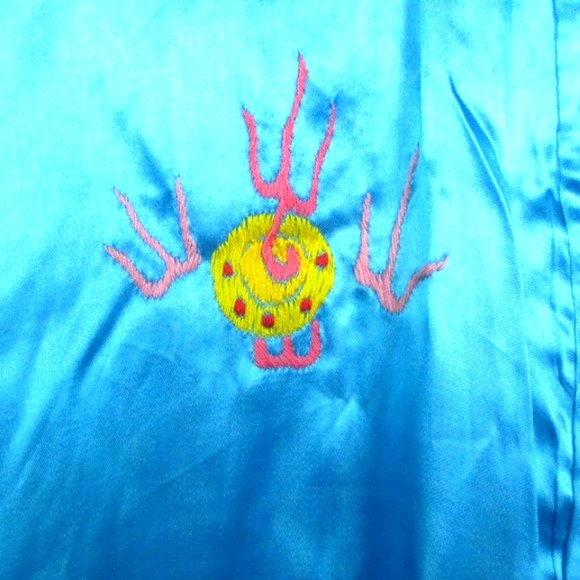 Golden Dragon Robe Sky Blue Satin Embroidered Dragon Silky Flowy Kimono Size M - Picture 7 of 11
